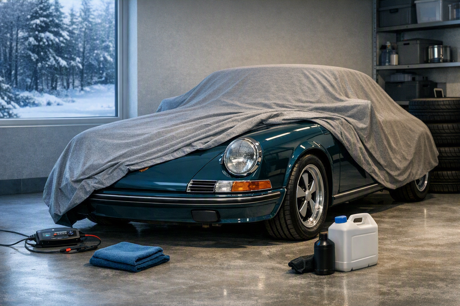 Voiture haut de gamme stationnée dans un garage sec et propre pour la période d’hivernage, avec une housse de protection et des équipements d’entretien à proximité.